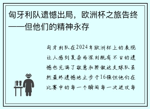 匈牙利队遗憾出局，欧洲杯之旅告终——但他们的精神永存