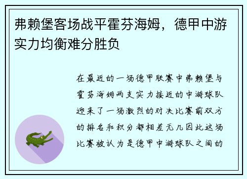 弗赖堡客场战平霍芬海姆，德甲中游实力均衡难分胜负