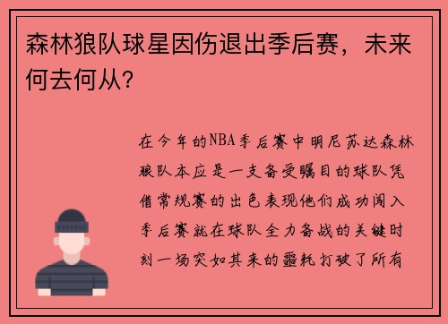 森林狼队球星因伤退出季后赛，未来何去何从？